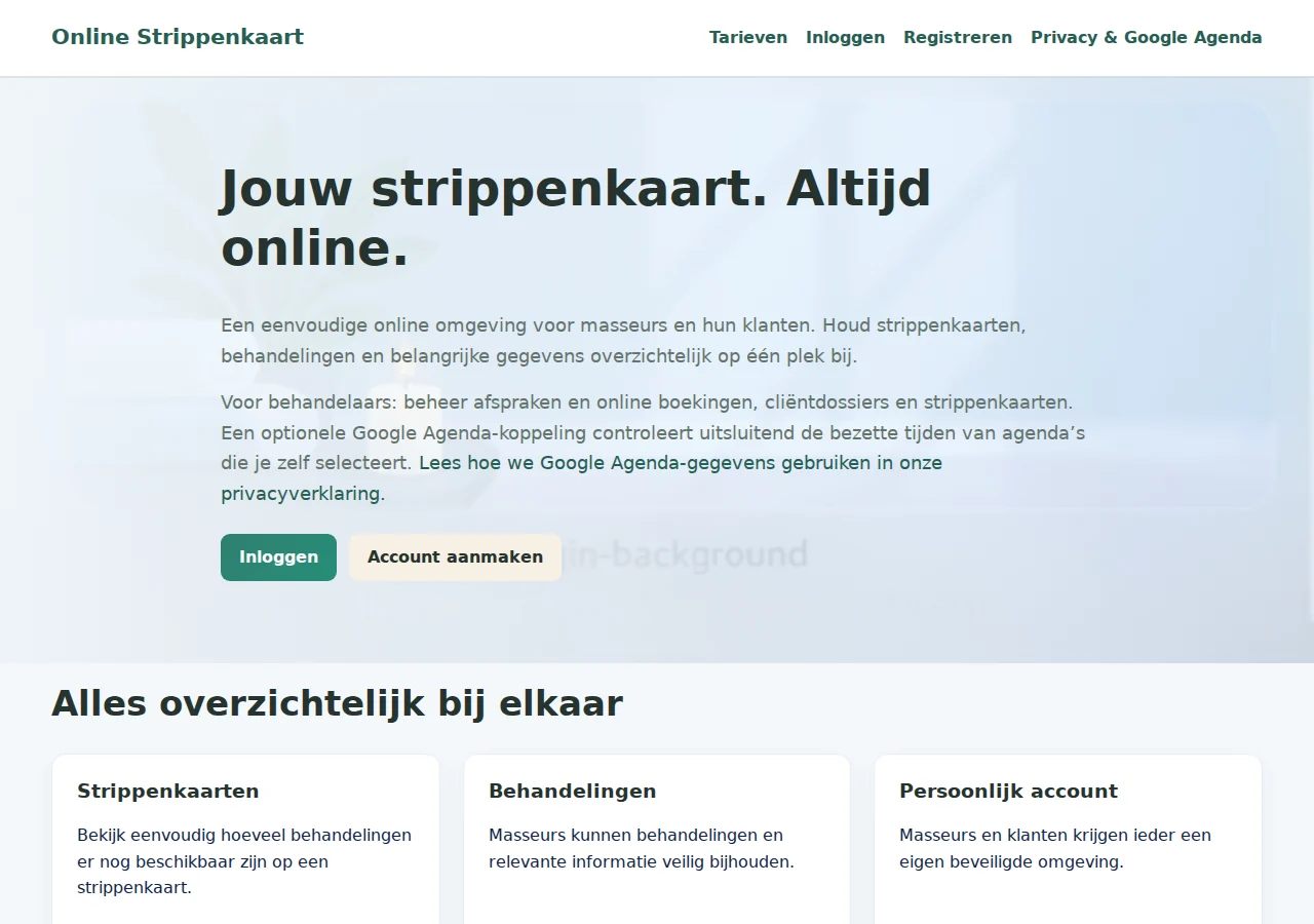 Screenshot van de homepage van Strippenkaartje