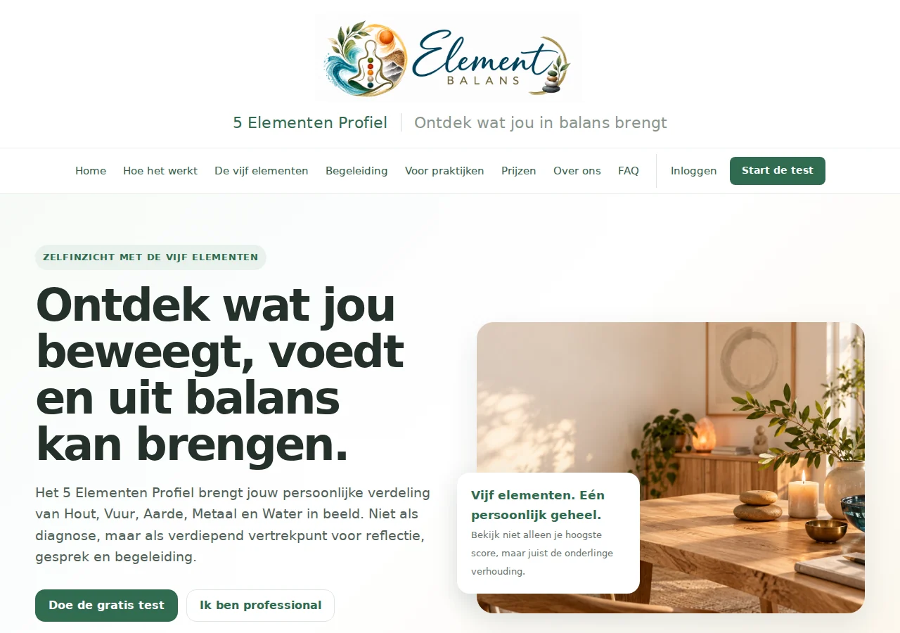 Screenshot van de homepage van TCMTest